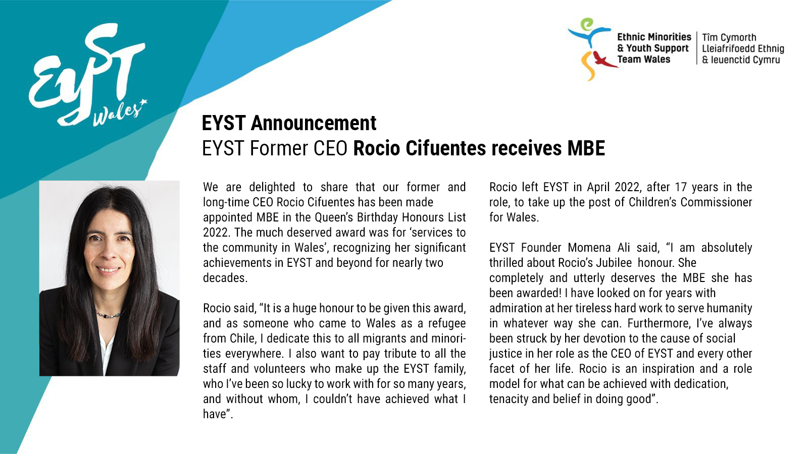 EYST Press Release   Rocio receives MBE